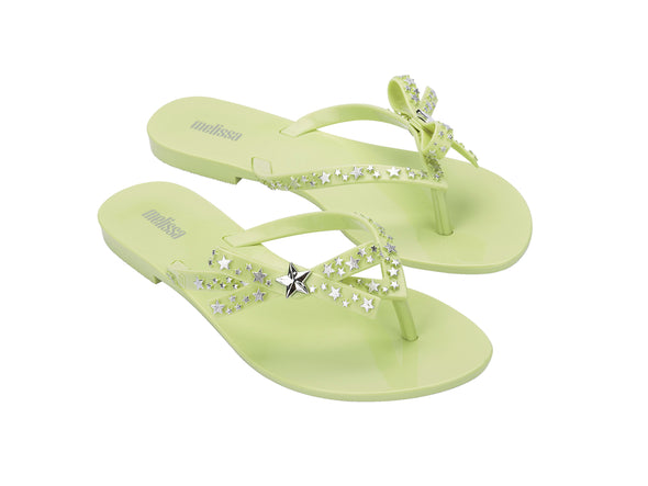 Melissa Harmonic Stars Appliques Green Flat Flip Flops for Ladies – stylish and comfortable women's flip-flops with star embellishments, perfect for casual wear.