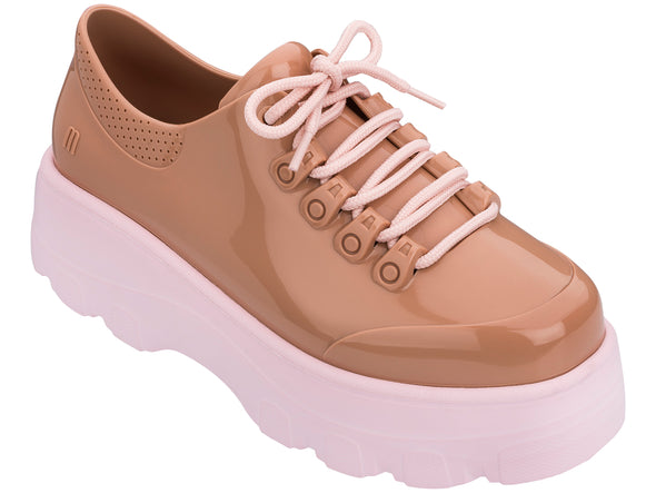 Melissa Kick Off AD Brown Pink Heel Sneakers for Women – Trendy sneakers featuring a brown and pink design with a stylish elevated heel, perfect for casual and sporty looks.