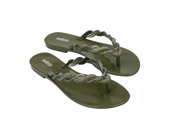 Melissa Louise AD Green Flat Flip Flops for Women – Stylish and comfortable footwear for casual outings, beachwear, and summer style.