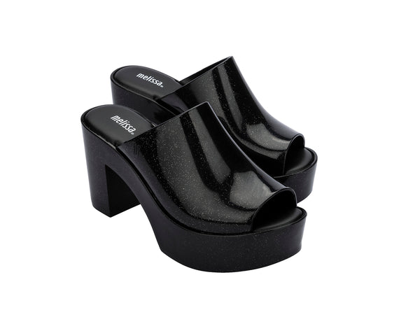 Melissa Mule AD Black Block Heels Slip-On Slide for Women – Chic and comfortable black mule slides with a stylish block heel, perfect for office wear, evening outings, and casual elegance.