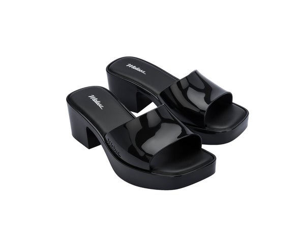 Melissa Shape AD Black Block Heel Slides for Women – Elegant and comfortable slip-on sandals with a stylish block heel, perfect for casual and dressy occasions.