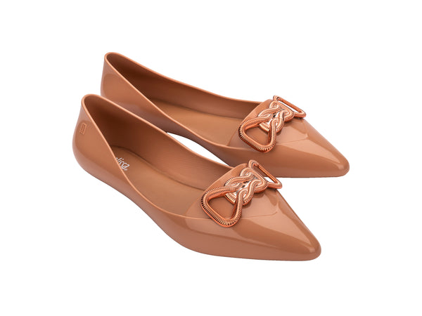 Beige flat ballerina shoes, pointed ballet flats