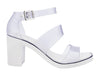 Melissa Model Block Heel Strappy White Sandal, focusing on the soft straps and block heel.