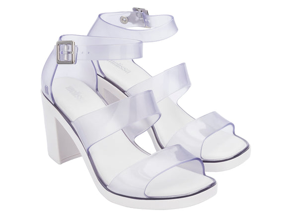 Melissa Model Block Heel Strappy White Sandal, focusing on the soft straps and block heel.