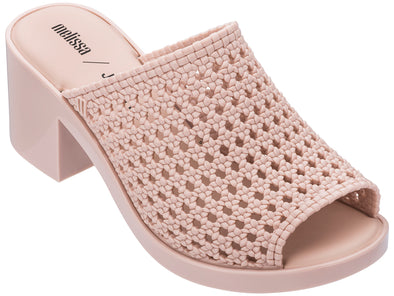 Melissa Mule II Jason Wu Block Heel Light Pink Slide – Elegant and stylish women’s slip-on sandal featuring a woven texture and chic block heel design in a soft pink shade.