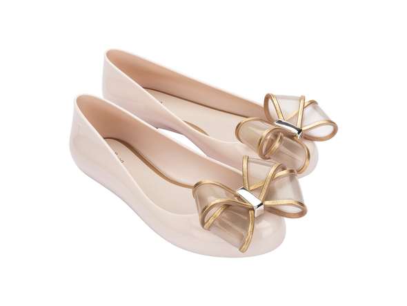 Melissa Sweet Love VI Beige Gold Ballerinas for Women – elegant beige ballerina flats with gold bow detail, comfortable and stylish footwear for daily and party wear