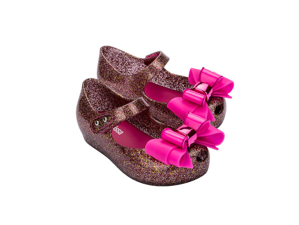 Mini Melissa Ultragirl Sweet IX Glitter Pink Ballerinas for Baby Girl - Sparkling and stylish pink ballerinas with a glitter finish and bow detail buy girls mini melissa shoes 